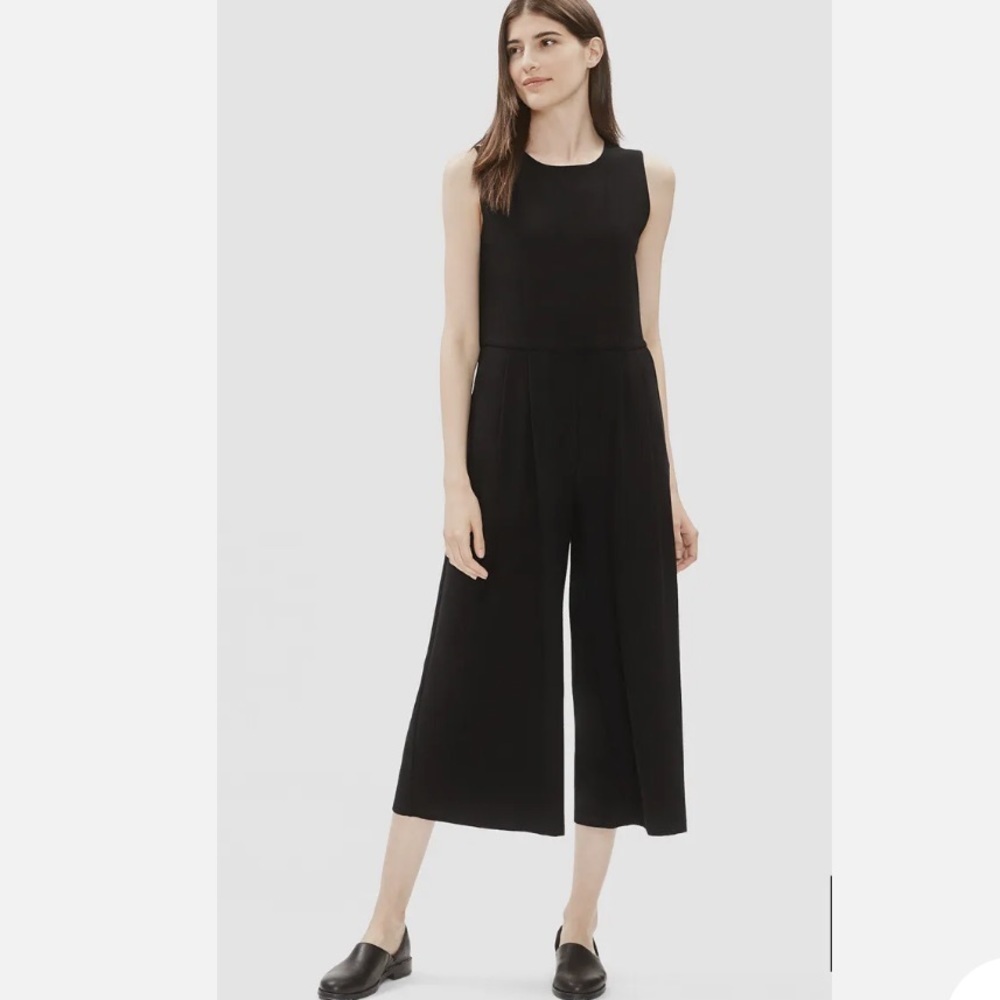 Eileen Fisher Sleeveless Wide Leg Culotte‎ Crepe Jumpsuit in Black Size XXS